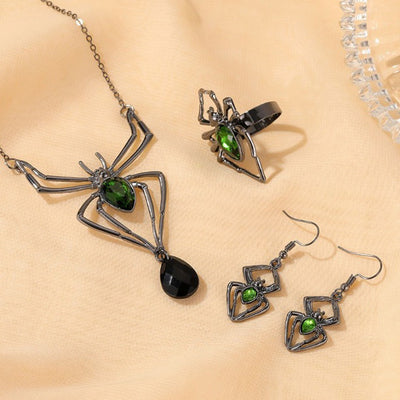 Vintage Spider Jewelry Set – 3pcs Drop-Shaped Necklace, Earrings & Ring for Halloween