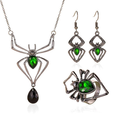 Vintage Spider Jewelry Set – 3pcs Drop-Shaped Necklace, Earrings & Ring for Halloween