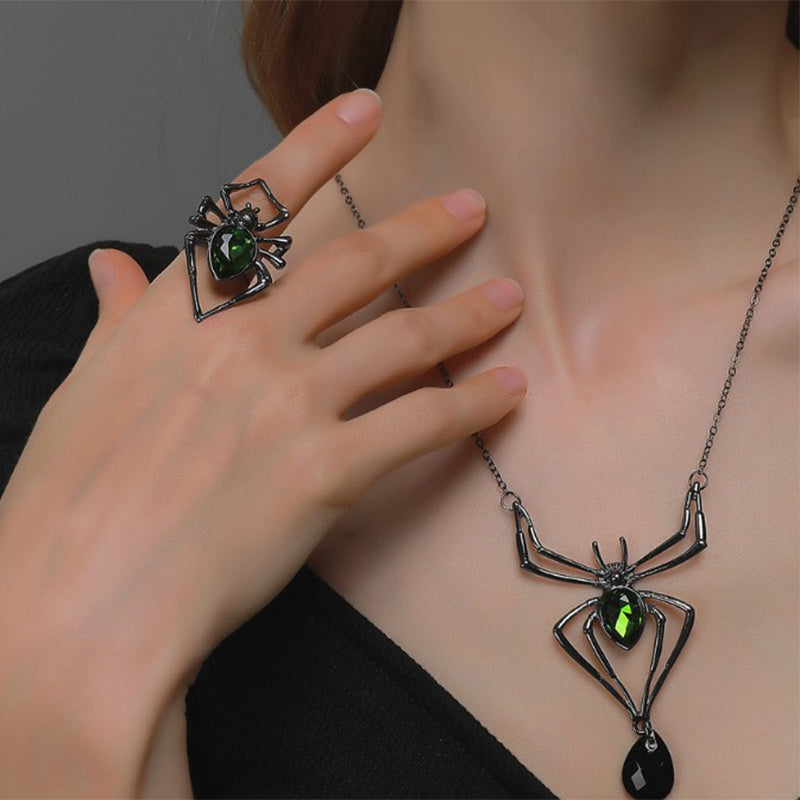 Vintage Spider Jewelry Set – 3pcs Drop-Shaped Necklace, Earrings & Ring for Halloween