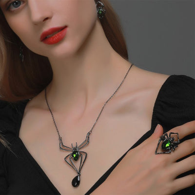 Vintage Spider Jewelry Set – 3pcs Drop-Shaped Necklace, Earrings & Ring for Halloween