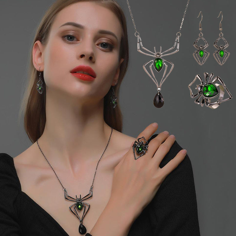 Vintage Spider Jewelry Set – 3pcs Drop-Shaped Necklace, Earrings & Ring for Halloween